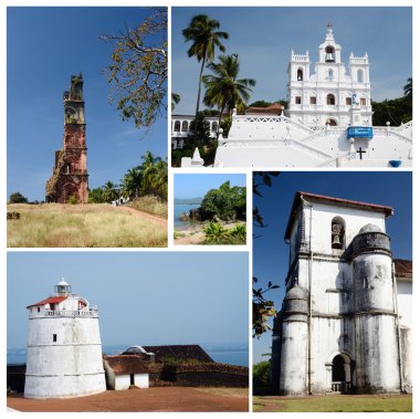 Collage of North and South Goa state popular travel destinations,India  - Panaji,Old Goa, Candolim beach,Aguada fort clipart