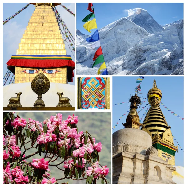 Collage of popular Nepalese travel destinations - Kathmandu valley and Himalaya mountains — Stock Photo, Image