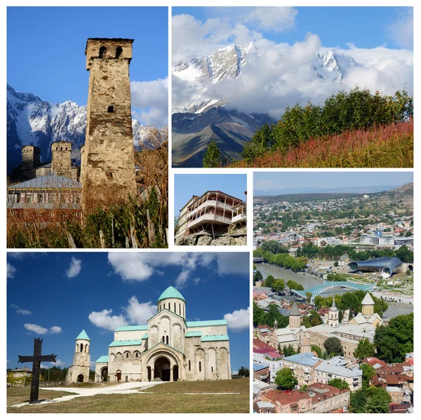 Collage di popolari monumenti turistici della Georgia, patrimonio unesco - borgo medievale di Ushguli, vecchia Tbilisi e Cattedrale Bagrati a Kutaisi — Foto Stock