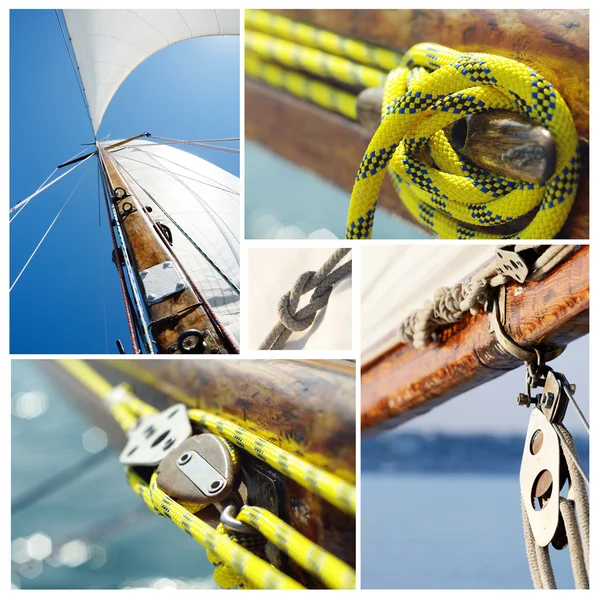 Collage of old sailing boat equipment - vintage wooden mast,sails, ropes, knots,snatch cleats and pulley blocks — Stock Photo, Image