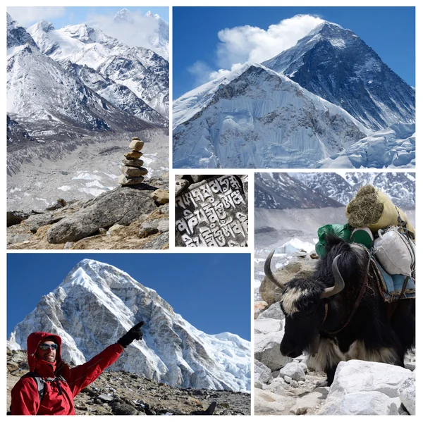 Colagem de rota turística popular de alta altitude Everest Base Camp trek, Himalaia montanhas - Kala Patthar e Chomolungma montanhas, Khumbu queda de gelo — Fotografia de Stock