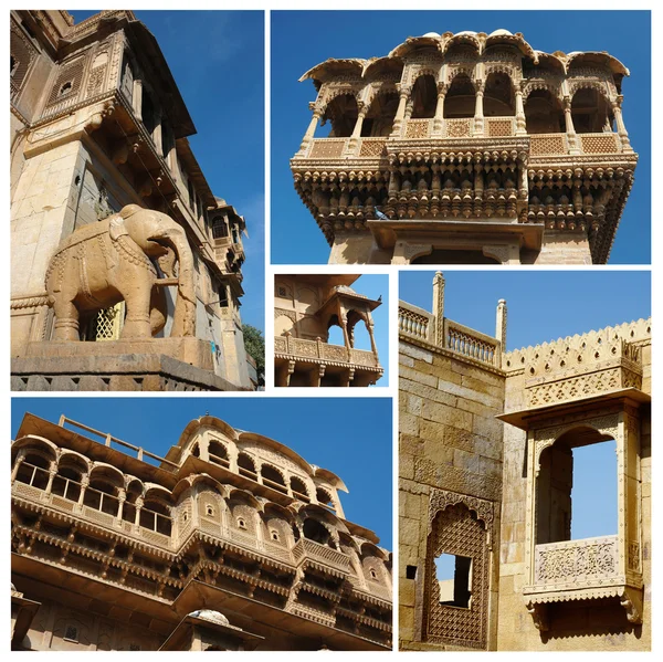 Koláž jaisalmer jedinečné architektonické landmaks, Rádžasthán, Indie, dědictví UNESCO — Stock fotografie