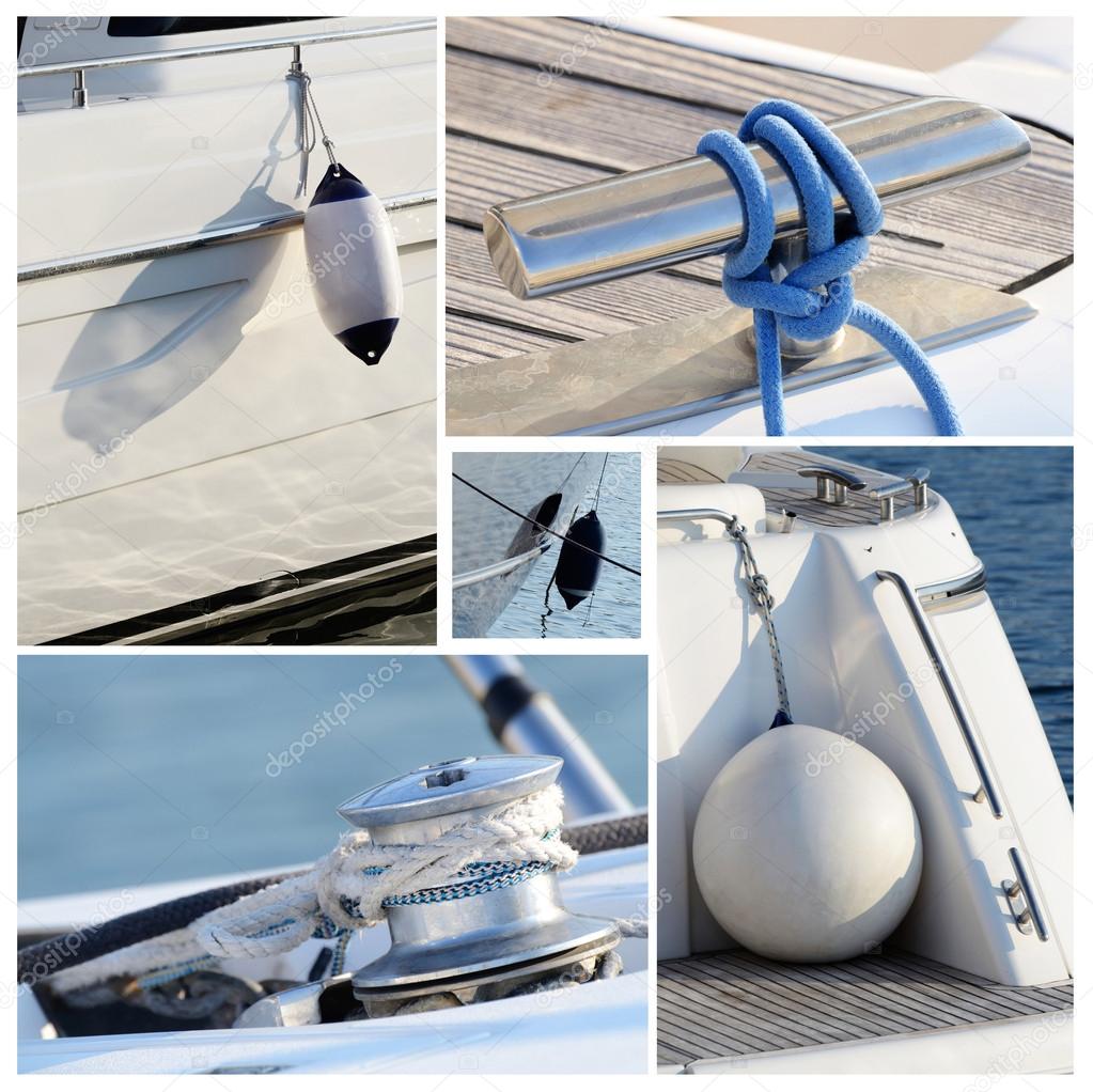 Collage of modern sailing boat stuff - winches, boat fenders,ropes and snatch cleats
