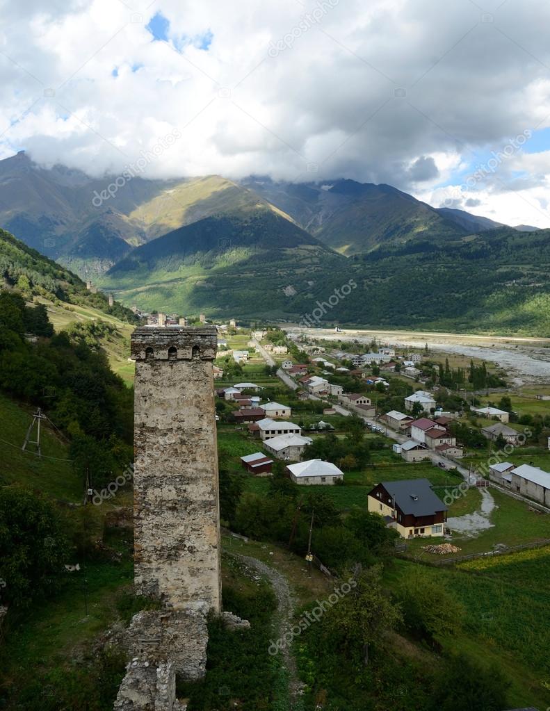 Famous tribal fortified tower in Mestia,Upper Svanetia, Georgia, Caucasus mountains, unesco heritage site