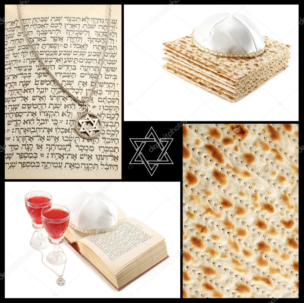 Collage of jewish religious holiday attributes - Torah,Magen David,ritual red wine and maza