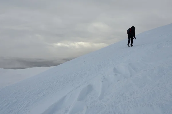 Fotografo solitario con treppiede fare trekking invernale sulla montagna Gimba durante grande tempesta di neve, Transcarpazia, Ucraina occidentale — Foto Stock