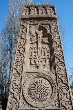 Khachkar Echmiadzin (Vagharshapat) yılında yapılmış tufa, ortaçağ Hıristiyan sanat, Ermenistan, Kafkasya, UNESCO Dünya Miras Listesi