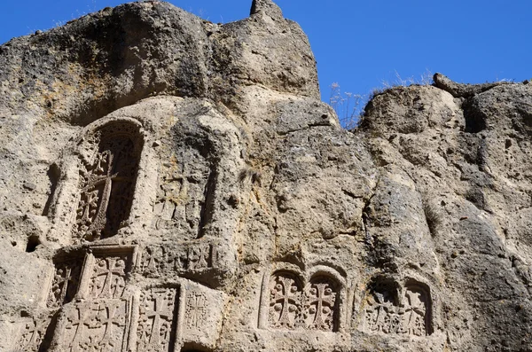 Stone steles with crosses (khachkars), Geghard monastery,ancient christian art,Armenia,Central Asia, unesco heritage — Stock Photo, Image