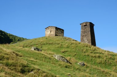 Terk edilmiş Antik kalıntıların Ortaçağ svan Köyü, yerleşim Ushguli, Svaneti, Georgia, Kafkasya, UNESCO miras müstahkem Kulesi