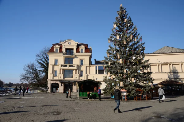 Árbol de Navidad en la plaza Teatralna en Uzhhorod, Ucrania.Ciudad situada en el oeste de Ucrania, en la frontera con Eslovaquia y cerca de la frontera con Hungría —  Fotos de Stock