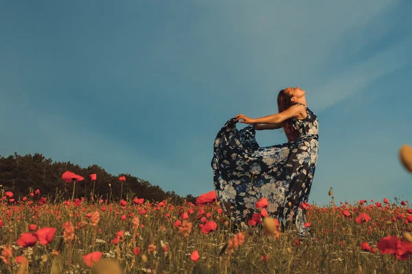 Bella ragazza in un campo di papaveri al tramonto. concetto di libertà — Foto Stock