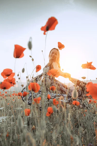 Vacker flicka i en vallmo fält vid solnedgången. begreppet frihet — Stockfoto