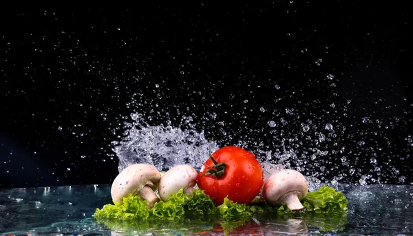 Красная вишня из помидоров, грибы и зеленый свежий салат с брызгами воды с копировальным пространством — стоковое фото