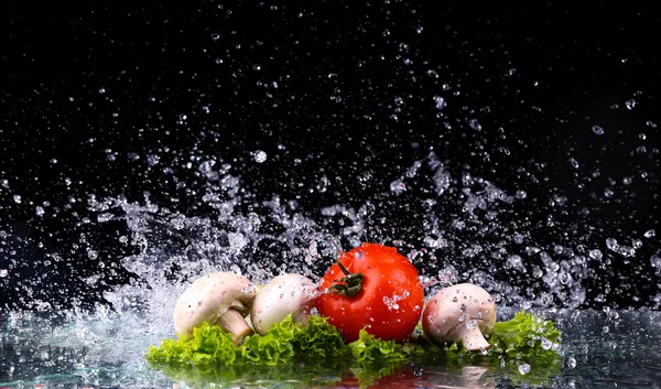 Красная вишня из помидоров, грибы и зеленый свежий салат с брызгами воды с копировальным пространством — стоковое фото