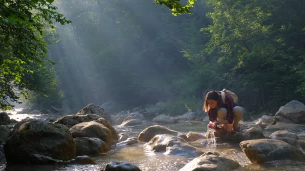夏の森の川や春 ハイキング 彼の手で冷たい透明な水をスクープバックパックを飲む新鮮な山の水を持つ女性の観光客 エコツーリズム旅行の概念 — ストック動画