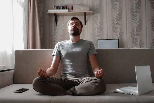Millennial Hipster Guy Enjoy Stress Peace Mind Lounge Sofa Home — Stock Photo, Image