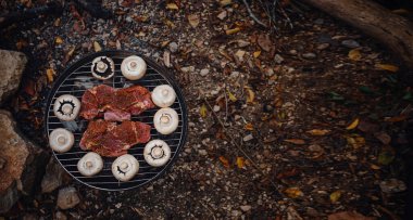 Nehir kenarındaki ızgarada biftek. Portatif bir barbeküde et ve mantar.
