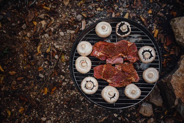 Beef Steaks Grill Outdoor River Beef Mushrooms Portable Barbecue Outdoors — Stock Photo, Image