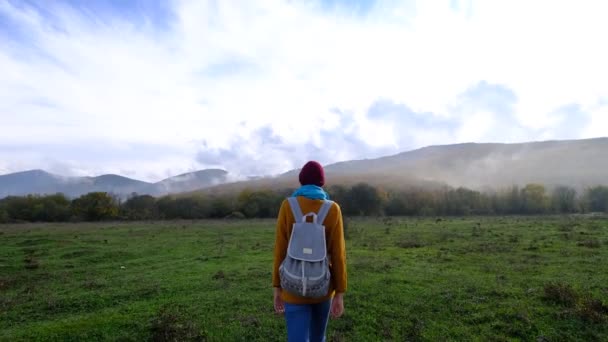 Hipster Mulher Camisola Amarela Mochila Campo Desaparece Nevoeiro Belo Outono — Vídeo de Stock