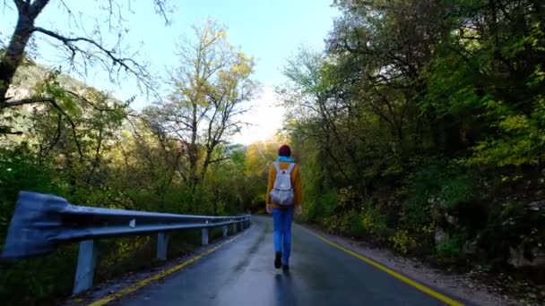 Mujer Asiática Bastante Sonriente Camina Los Bosques Otoño Mira Alrededor — Vídeo de stock