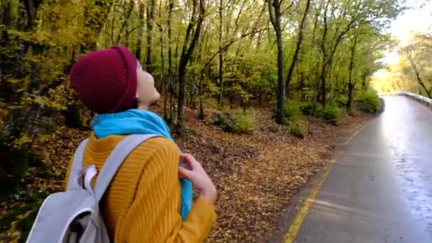 Hübsch Lächelnde Asiatin Spaziert Durch Herbstliche Wälder Schaut Sich Genießt — Stockvideo