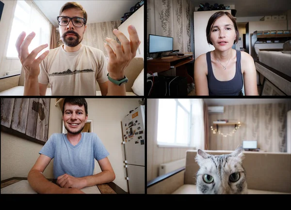 Takım arkadaşlarının evlerinden sanal bir içki saati çekerken çekilen görüntüleri. Evde gülümseyen çok ırklı iş arkadaşlarıyla yapılan takım toplantısı video konuşmasında beyin fırtınası ve sohbet sırasında komik kedi hakkında konuştu.