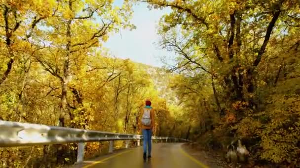 Красивая Счастливая Женщина Осенний Сезон Яркой Лесной Дороге Оранжевыми Желтыми — стоковое видео