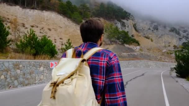 一个背着背包独自走在山路上的人 三十来岁游客在环境中远足游览自然景观的冒险之旅 — 图库视频影像