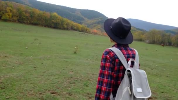 Stylová Hipster Žena Batohem Procházky Úžasném Podzimním Poli Cestování Životní — Stock video