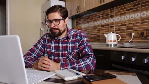 Young Man Freelancer Student Using Laptop Studying Online Working Home — Stock Video