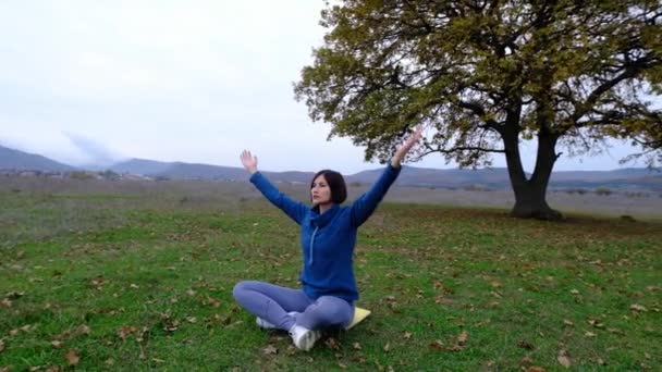 Ung atletisk asiatisk kvinna mediterar i fält av gammal ek, zen yoga meditation praxis i naturen — Stockvideo