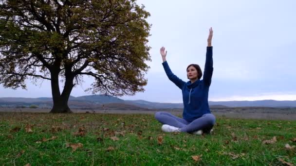 Ung atletisk asiatisk kvinna mediterar i fält av gammal ek, zen yoga meditation praxis i naturen — Stockvideo