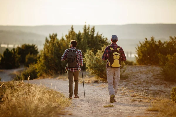 Deux Hommes Randonneurs Profiter Une Promenade Dans Nature Heure Coucher — Photo