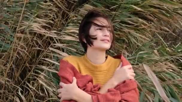 Túrázó nő sárga pulóvert visel túrázás hideg napos időben, haj fúj a szél. — Stock videók