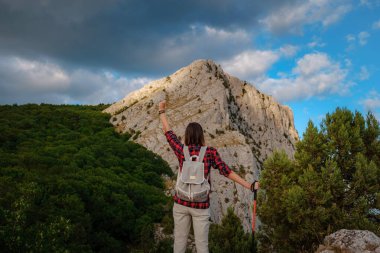 Sırt çantalı ve sırıklı formda bir kadın yürüyüşçü kayalık bir dağ sırtında ellerini kaldırmış duruyor ve sağlıklı bir doğa yaşam tarzı konseptinde zirveye ulaşıyor.