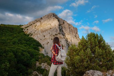 Sırt çantalı ve sırıklı uygun kadın yürüyüşçü kayalık bir dağ sırtında duruyor ve sağlıklı bir doğa yaşam tarzının zirvesinde.