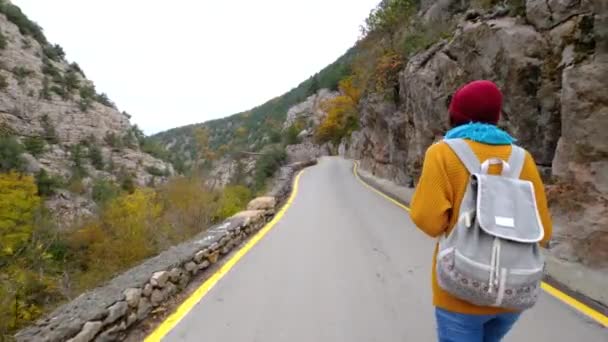 Bastante sonriente mujer asiática camina en otoño camino — Vídeo de stock