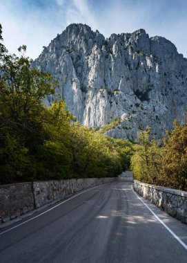 Dağlarda asfalt yol, güzel güneş ışığı, yaz tatili. Klasik tonlama. Seyahat geçmişi. Avrupa dağlarında otoyol