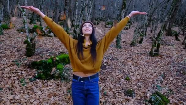 Młoda kobieta rzuca jesiennymi żółtymi liśćmi w powietrze. — Wideo stockowe