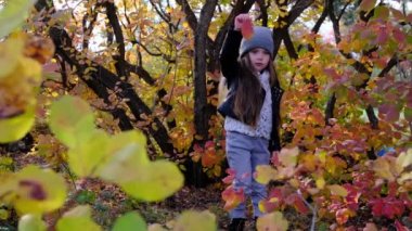 Sonbahar geldi. Güzel küçük kız sonbahar parkında sarı yapraklar kusar..