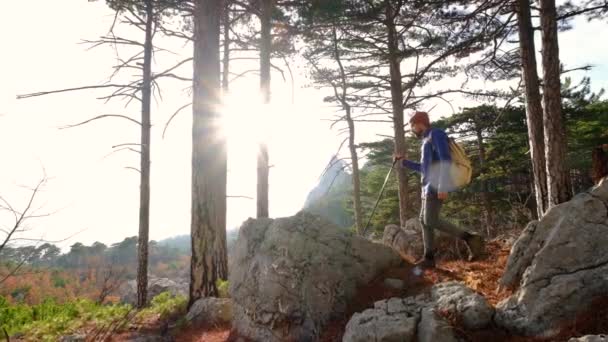 Joven excursionista hipster llegando a la cima de la montaña y levantando las manos. — Vídeos de Stock