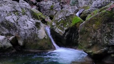 Sonbahar ormanındaki bir dağ nehrinde güzel çağlayanlar..