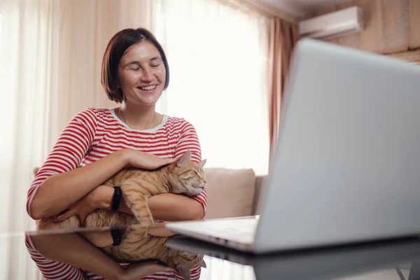 Happy Young Woman White Red Tshirt Works Home Laptop Ginger Stock Picture