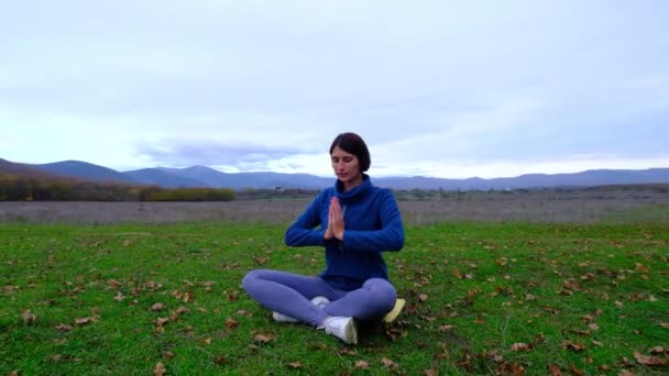 Vrouwen Genieten Van Yoga Het Herfstpark Buurt Van Alleen Eik — Stockvideo