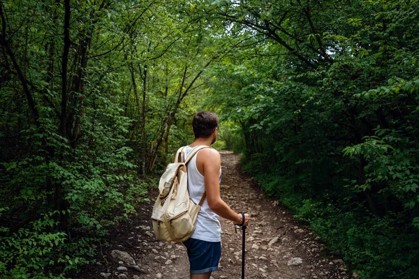 Retrato Homem Caminhante Caminhando Trilha Floresta Forte Desportivo Viajando Macho — Fotografia de Stock
