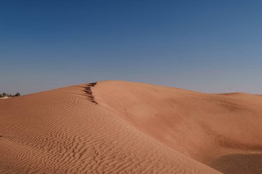Çöldeki kum tepelerinin üzerinde gün batımı. Hayalet kasaba Al-Madam Dubai City 'den yaklaşık 60 km uzaktadır. Birleşik Arap Emirlikleri. Küresel ısınma kavramı