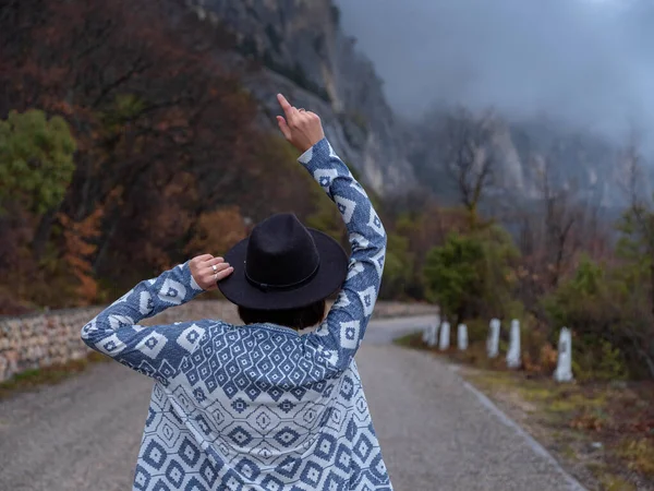 Rückenansicht Einer Stilvollen Hipsterfrau Mit Hut Und Poncho Die Eine — Stockfoto