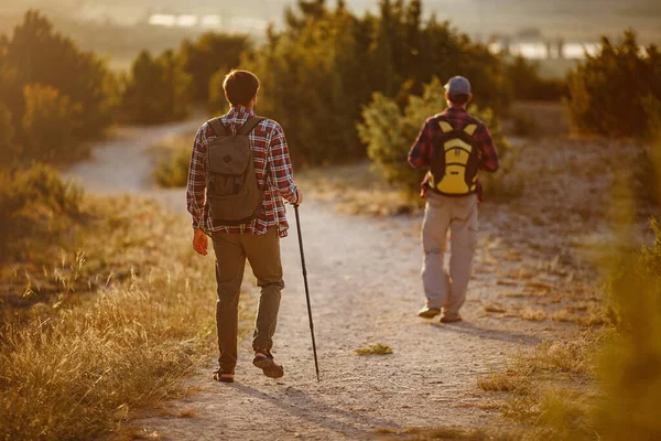 Dos Hombres Excursionistas Disfrutan Paseo Naturaleza Hora Del Atardecer Verano — Foto de Stock