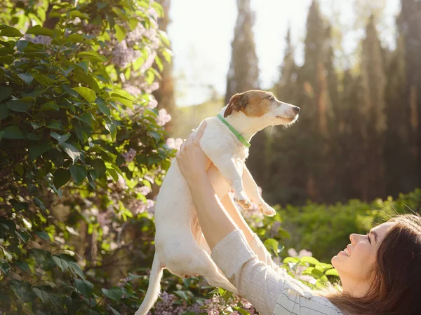 Jovem Com Seu Bonito Jack Russell Terrier Livre Belo Animal — Fotografia de Stock