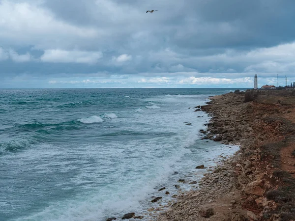 Okyanus dalgalarının güzel manzarası ve muhteşem kayalık bir kıyı, deniz şekilleri, arka plan duvar kağıtları..